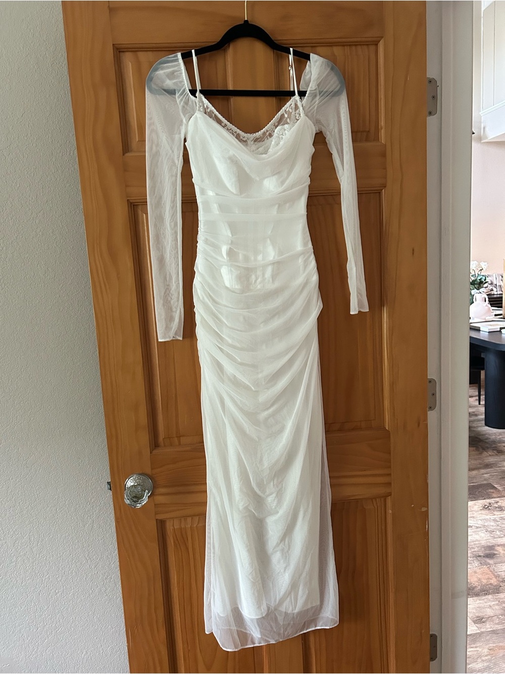 House of CB Katarina White Long Sleeve Ruched Lace-Trim Gown Bridal